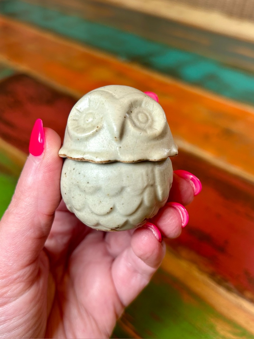 Vintage 1971 Vandor Japan Owl Mini Trinket Jar Bisque Stoneware